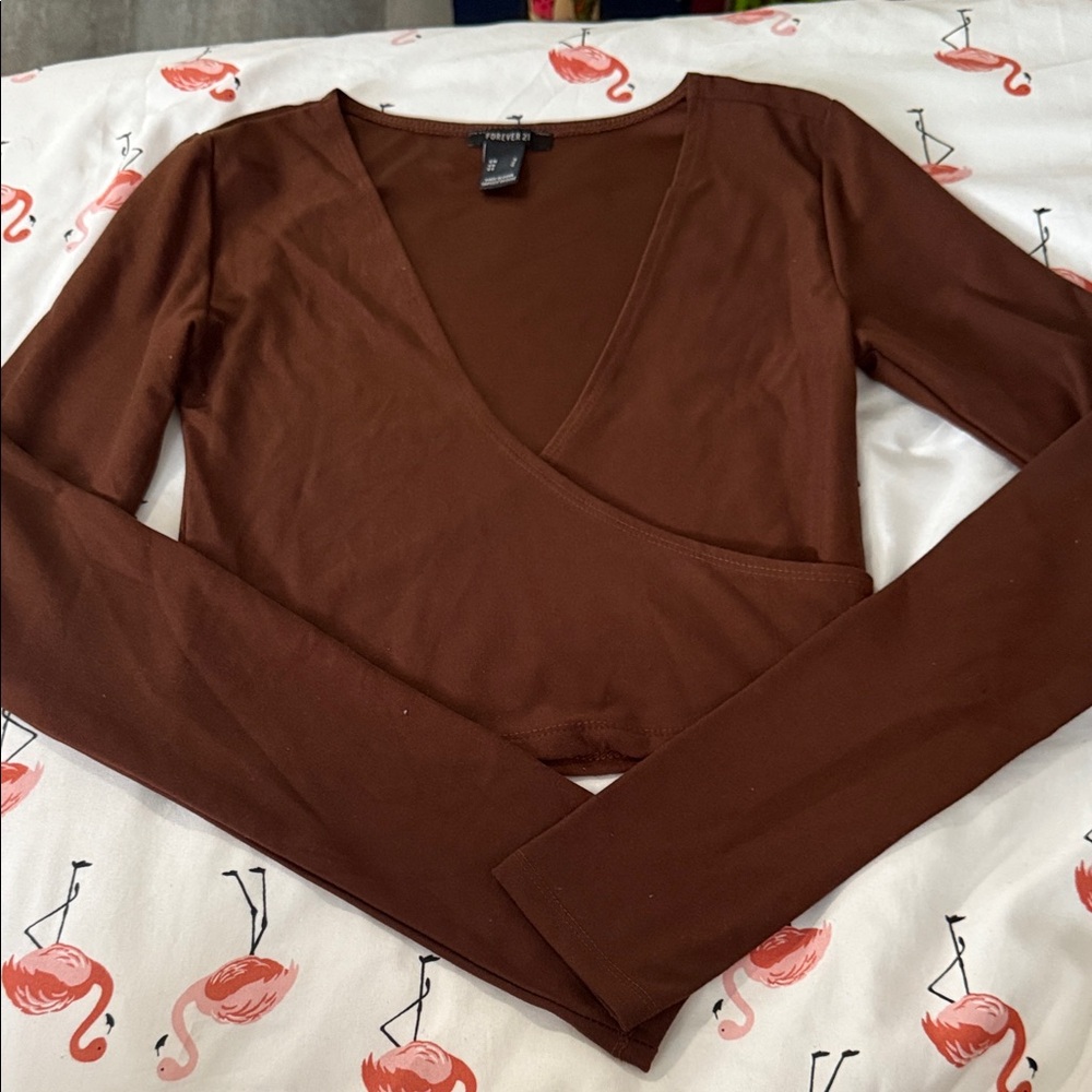 Forever 21 Chocolate Long Sleeve Wrap Blouse